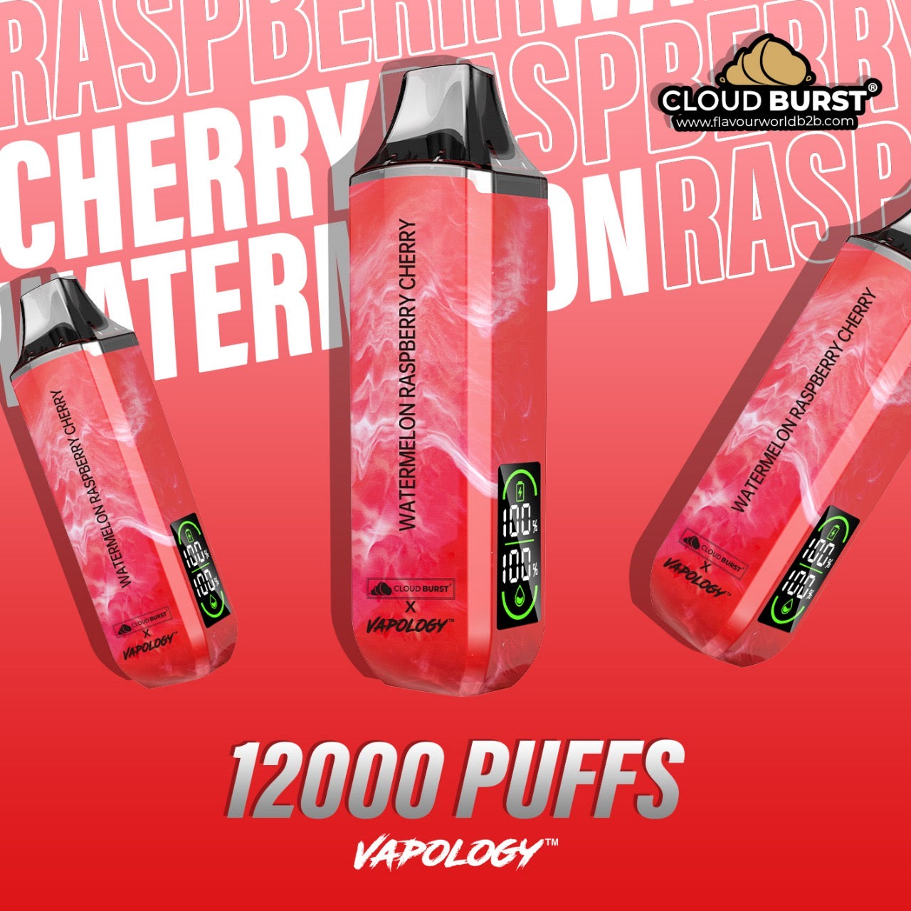 CLOUDBURST X VAPOLOGY 12 000 PUFFS 2% – WATERMELON RASPBERRY CHERRY